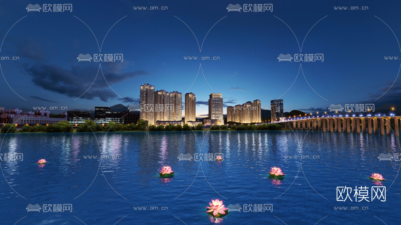 现代城市河流景观夜景3d模型下载