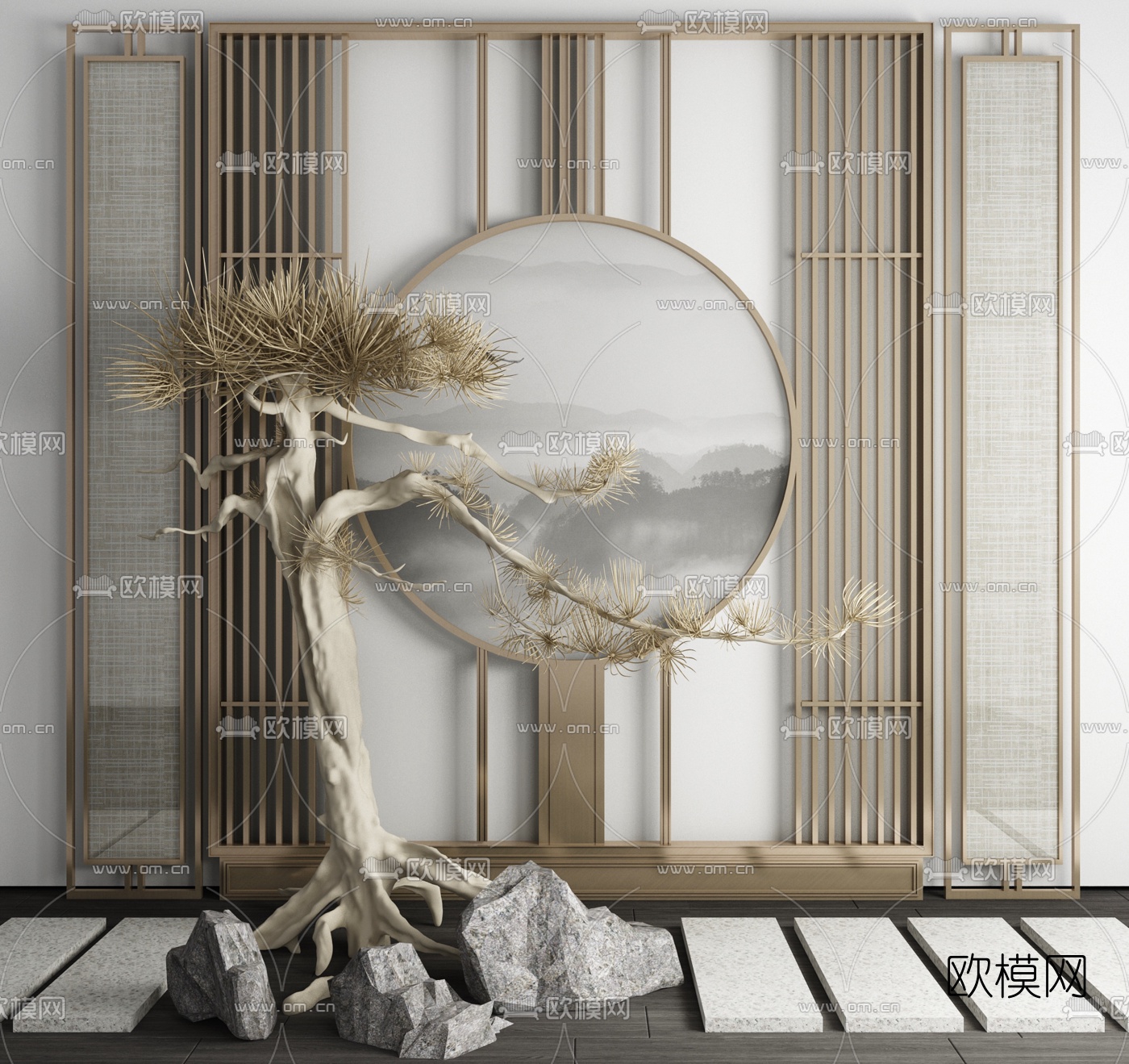 新中式枯树屏风小品组合3d模型