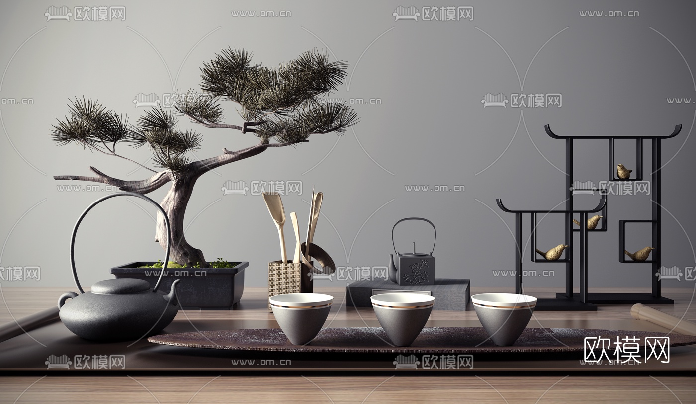 新中式茶具盆栽摆件3d模型下载