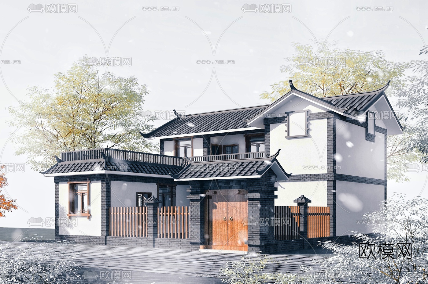 中式乡村别墅建筑外观3d模型