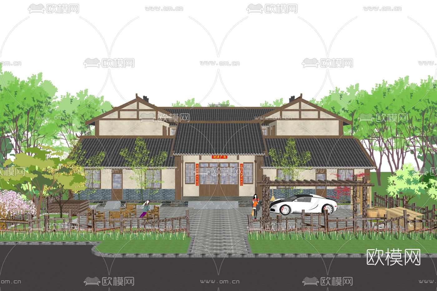 中式古建民房su模型下载