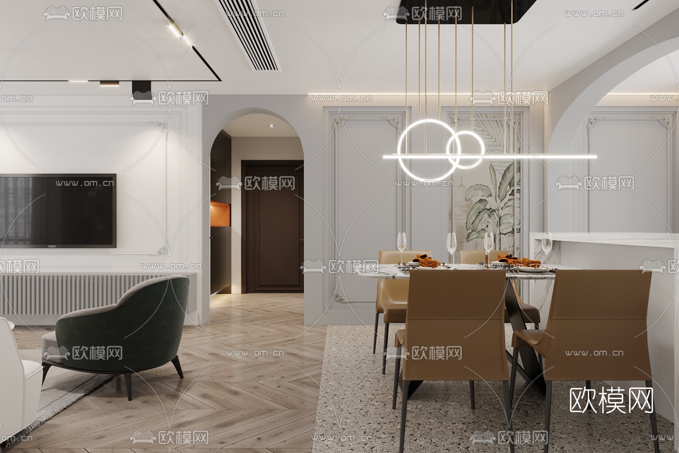 现代客厅餐厅3d模型