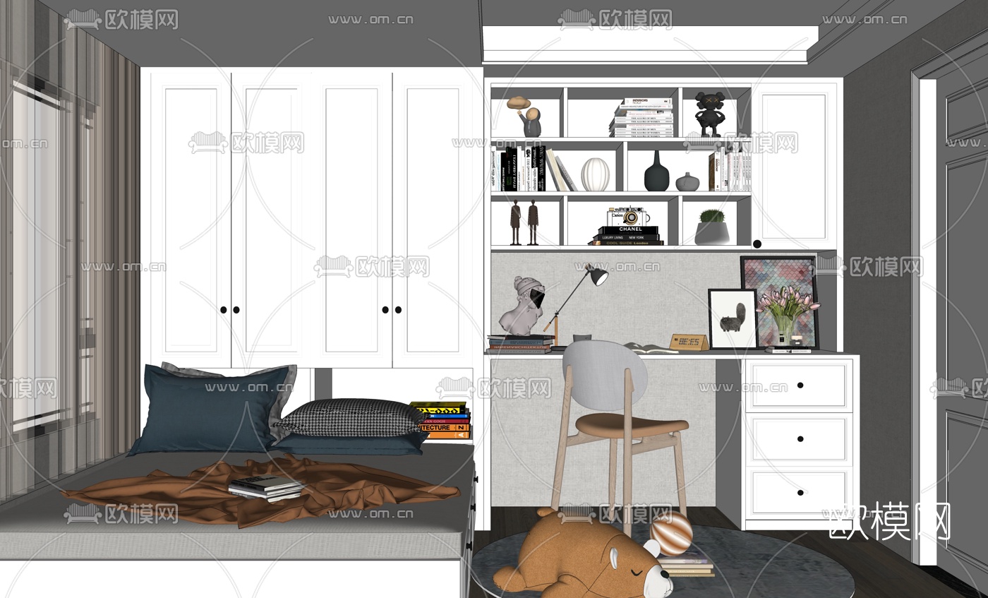 北欧榻榻米卧室su模型下载