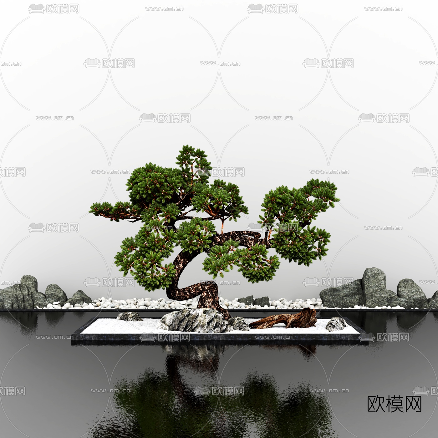 新中式松树山石景观小品3d模型