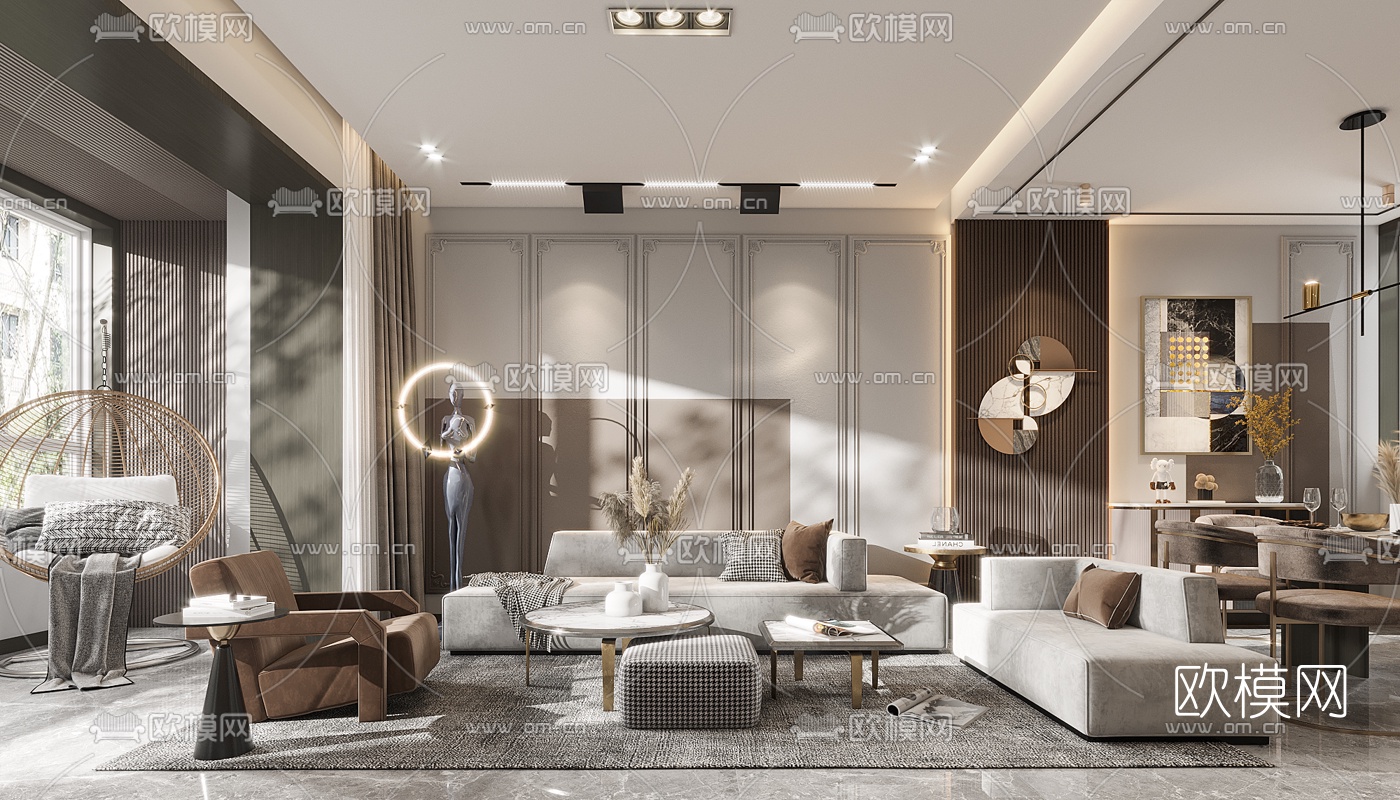 现代轻奢复式客厅餐厅3d模型下载（渲染图1）