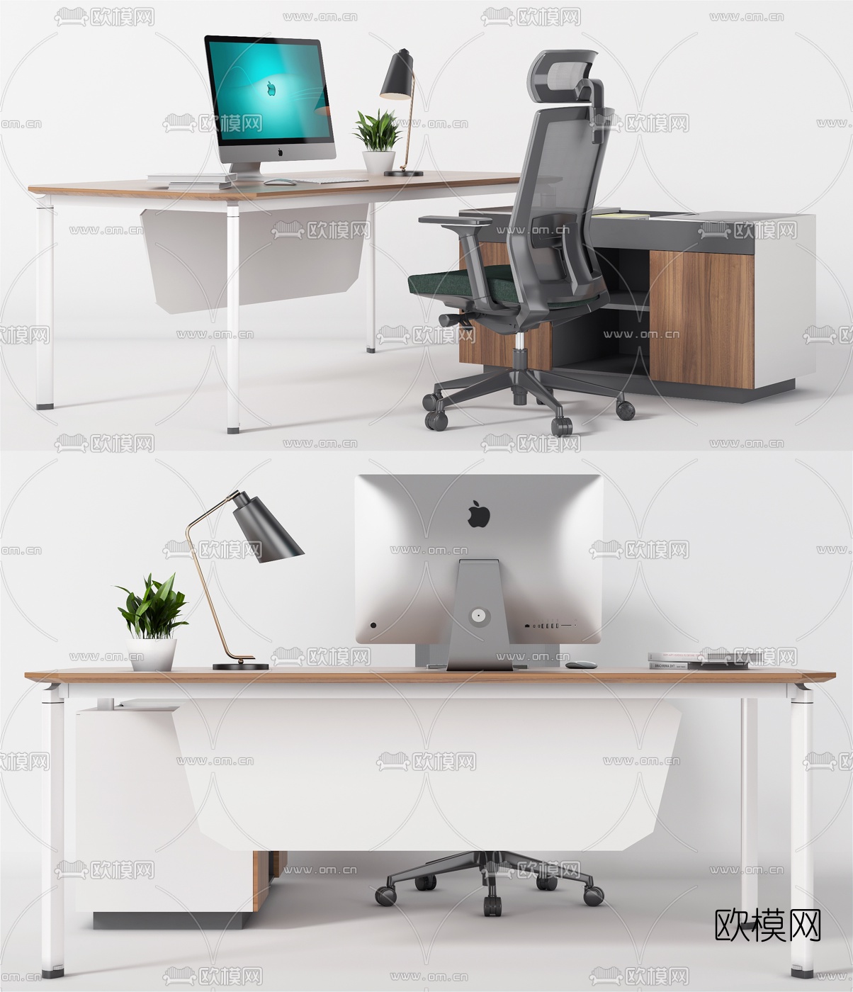 现代班台桌办公桌椅3d模型下载（渲染图1）