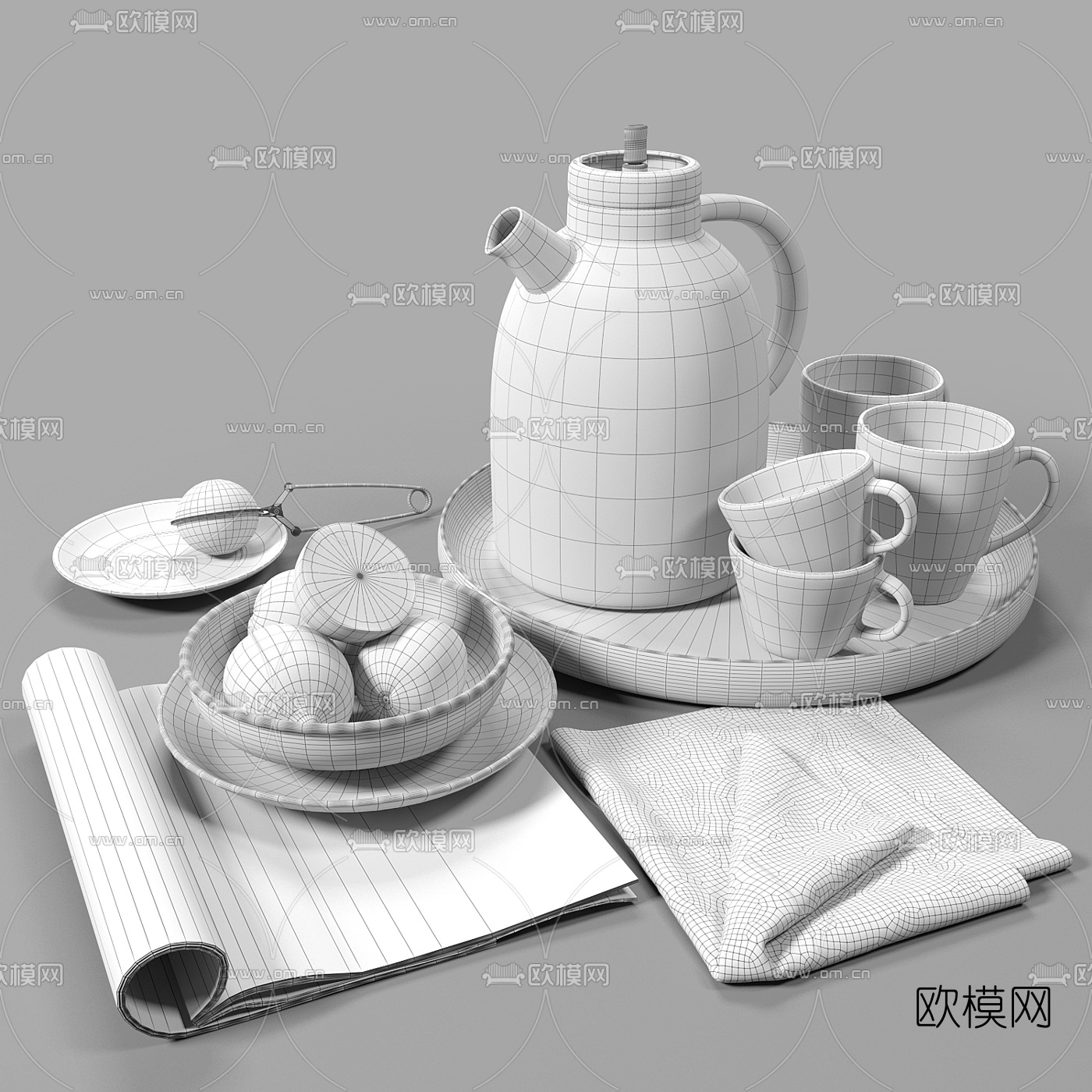 现代茶具水果摆件3d模型