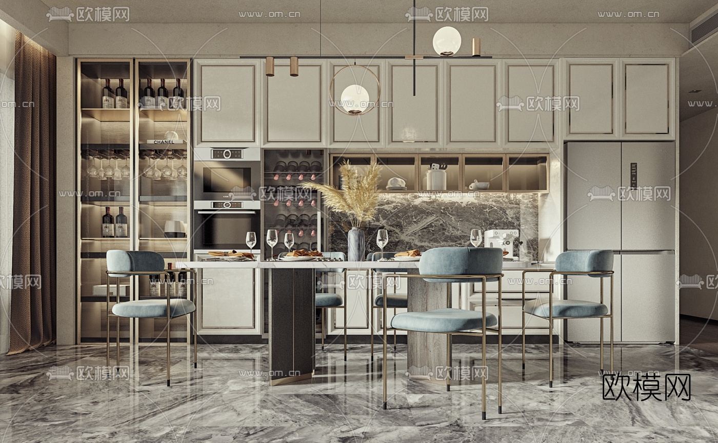 简欧轻奢厨房餐桌椅3d模型下载