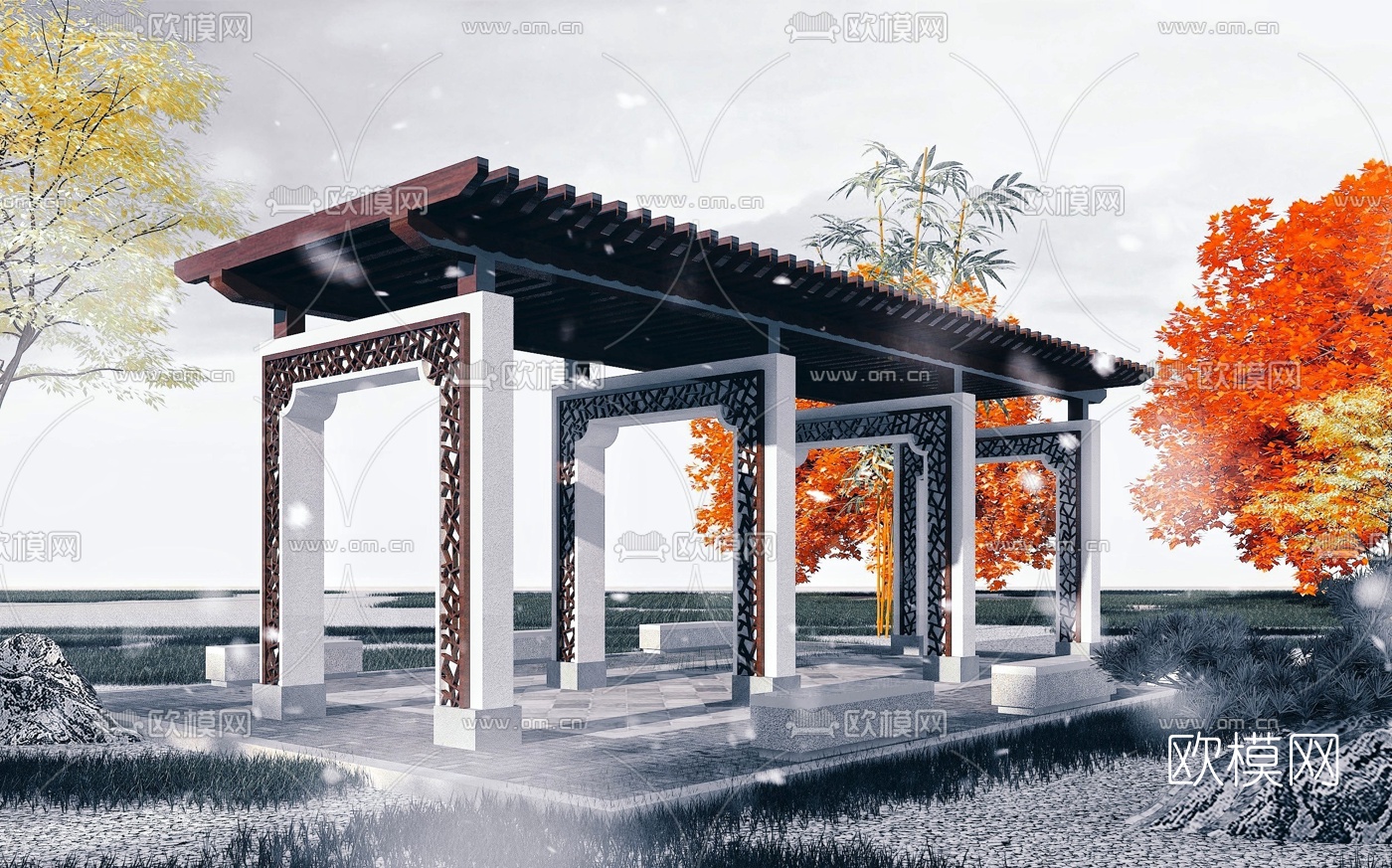 新中式长廊廊架3d模型下载