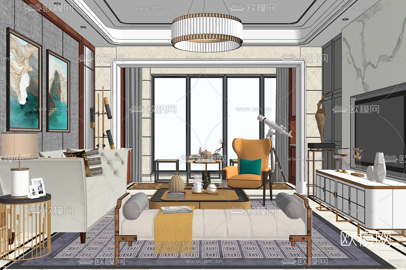 现代轻奢客厅免费su模型下载