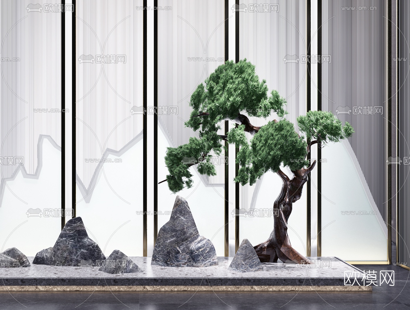 新中式松树假山园艺小品3d模型下载（渲染图2）