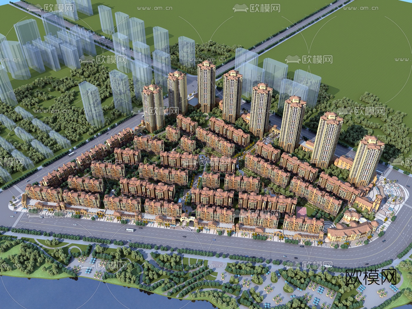 现代住宅区鸟瞰规划3d模型下载