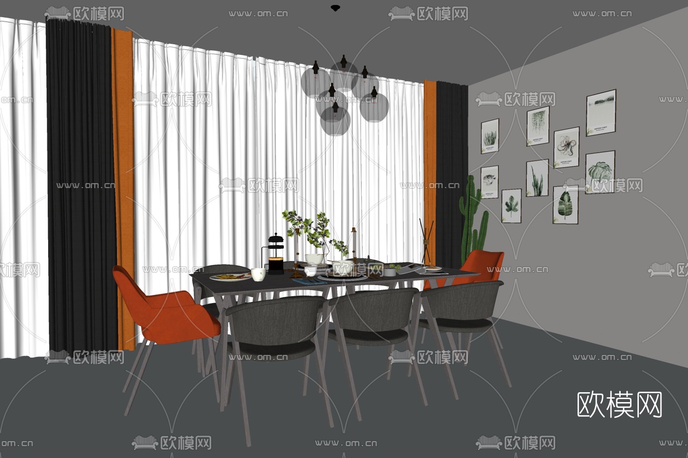 现代条形餐桌椅su模型