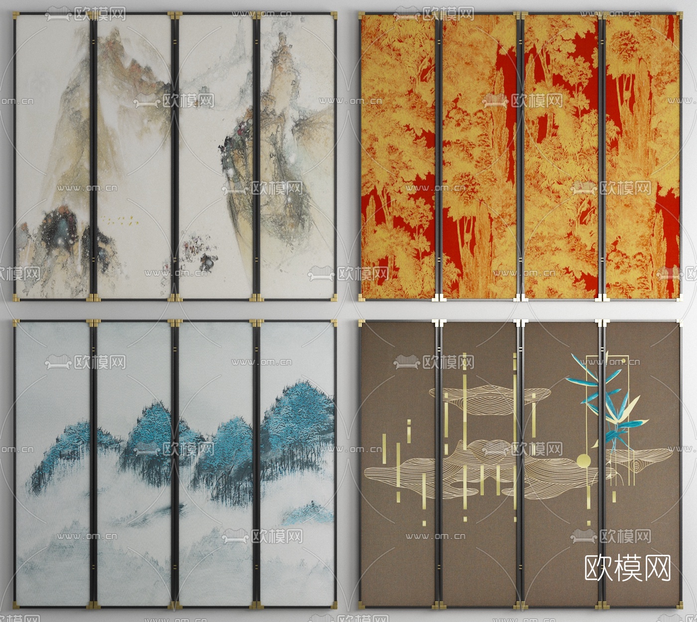 新中式山水屏风隔断3d模型下载