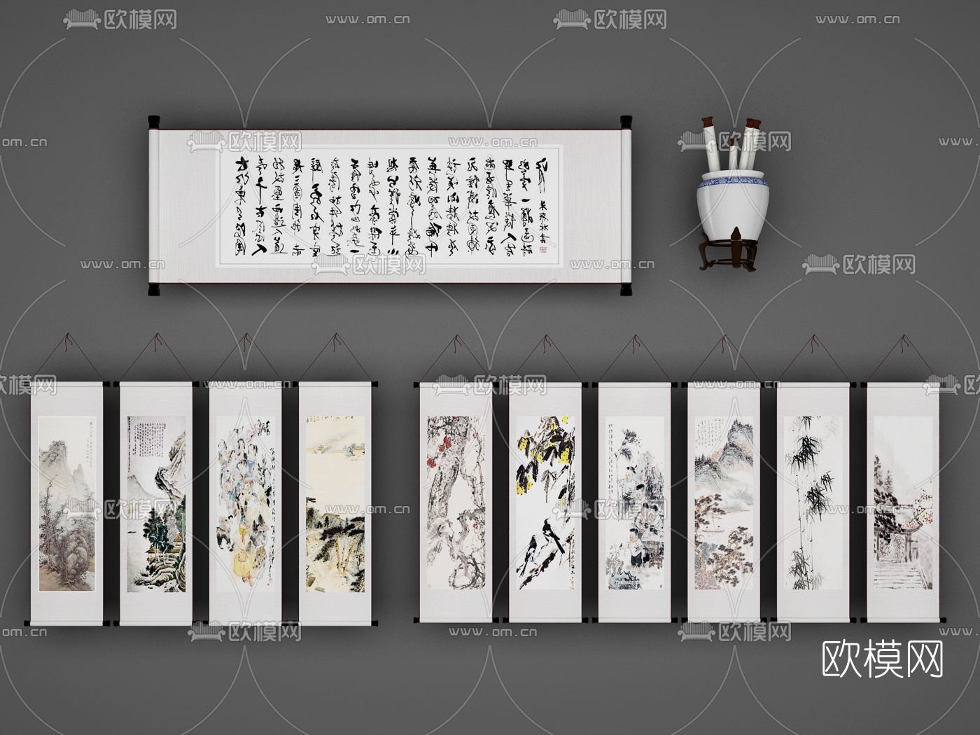 新中式水墨字画卷轴3d模型