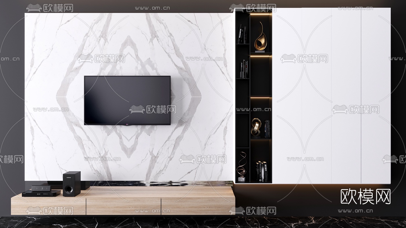 现代简约电视背景墙摆件3d模型下载（渲染图1）