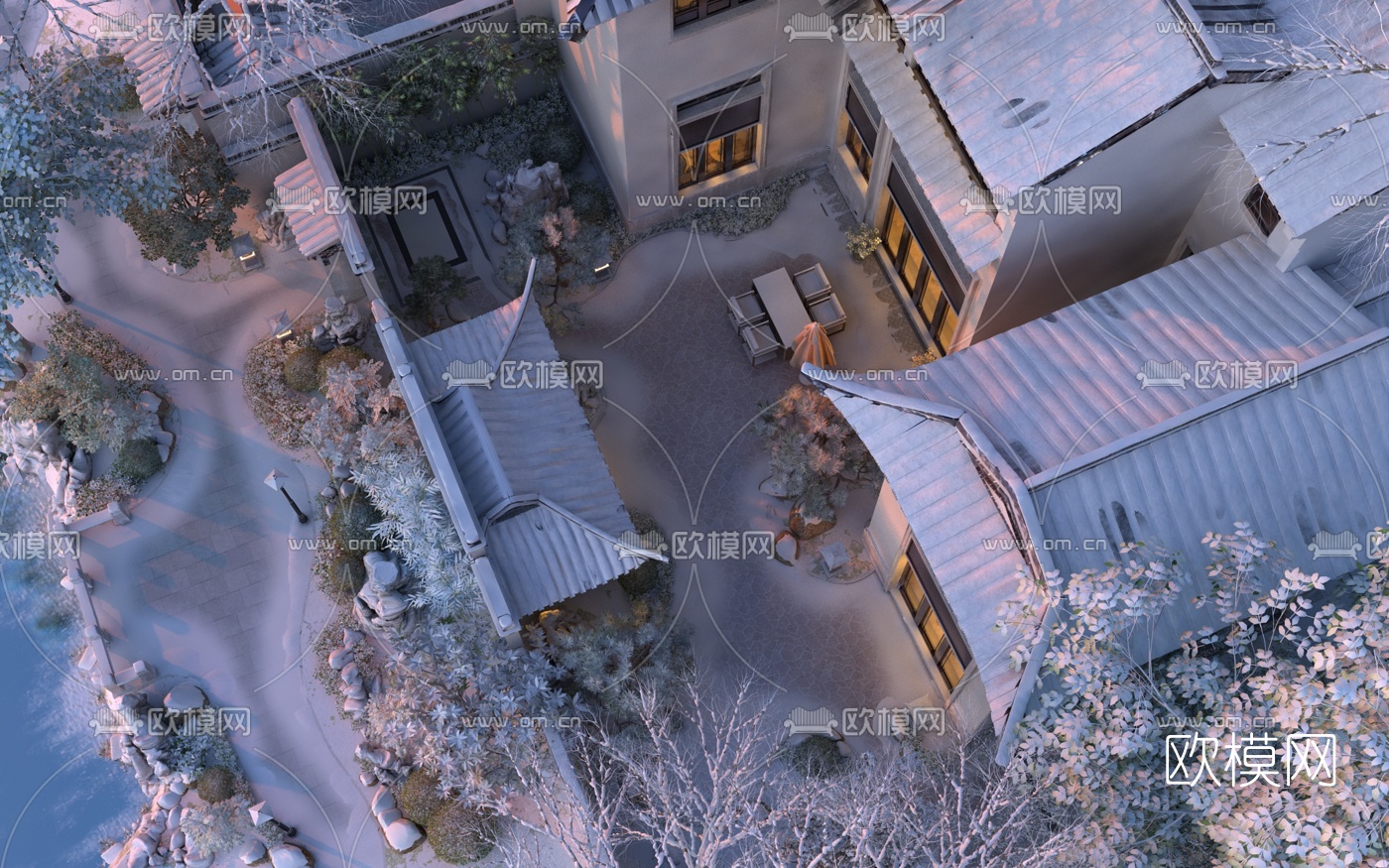 现代冬日雪景景观园林3d模型