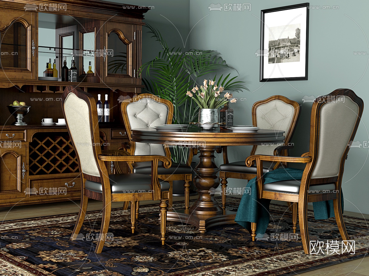 美式圆形餐桌椅3d模型下载（渲染图1）