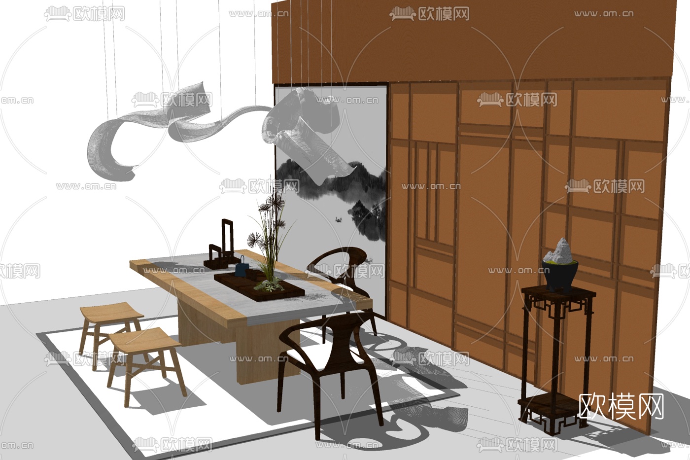 新中式实木茶桌椅su模型