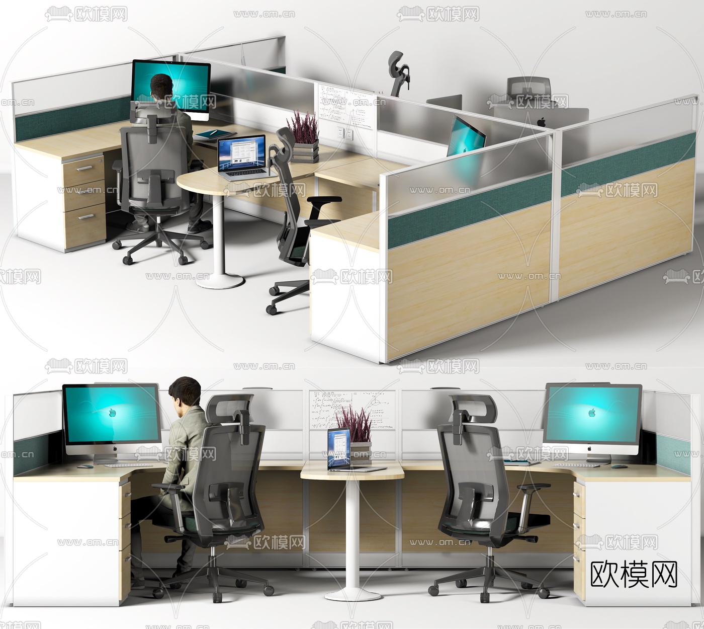 现代办公桌椅卡位su模型下载（渲染图1）