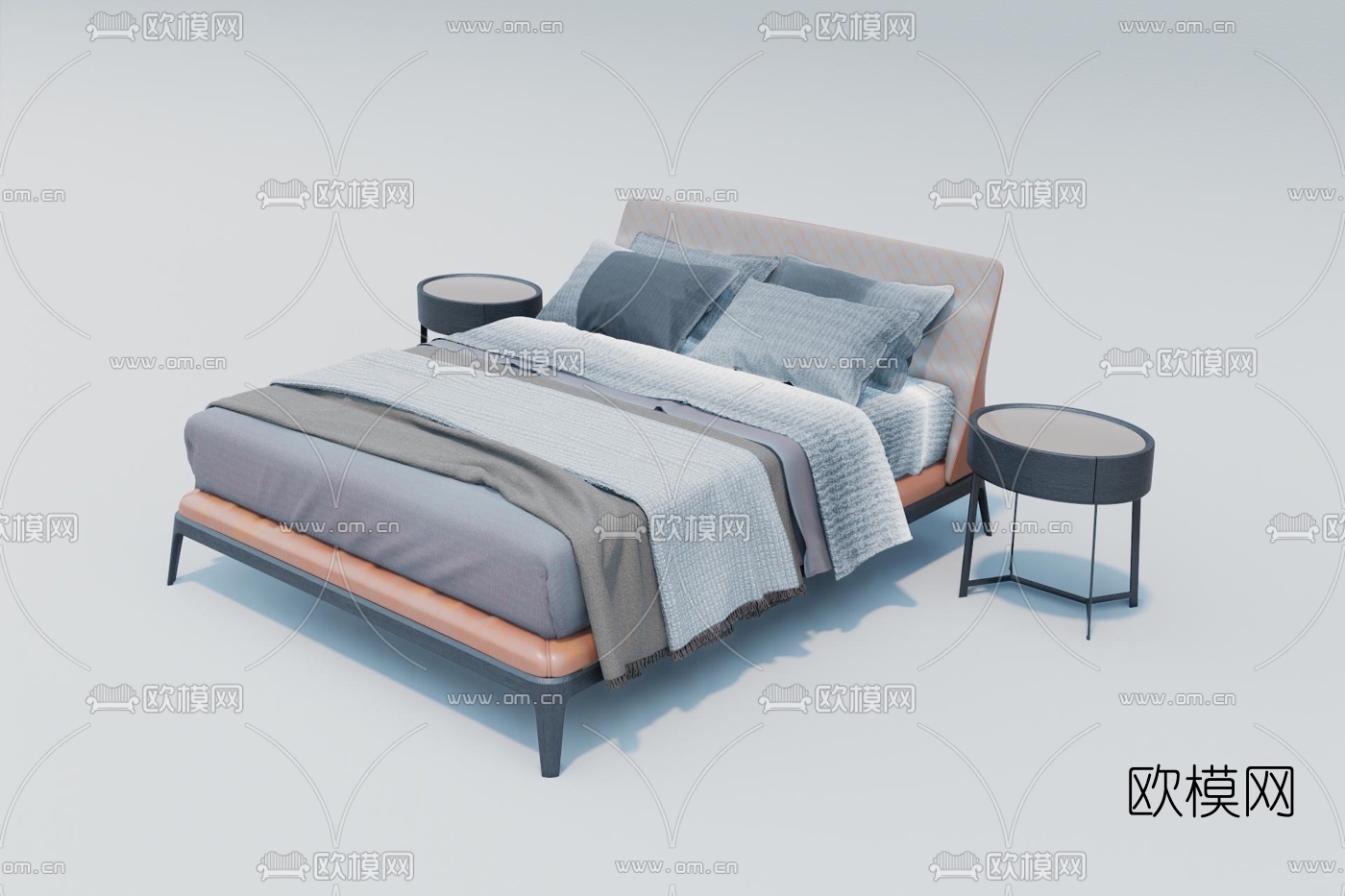 现代布艺双人床su模型下载（渲染图1）