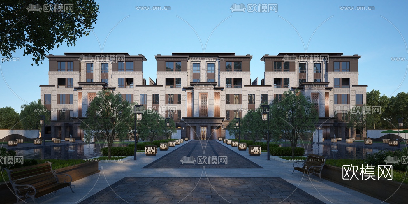新中式联排别墅外观3d模型下载