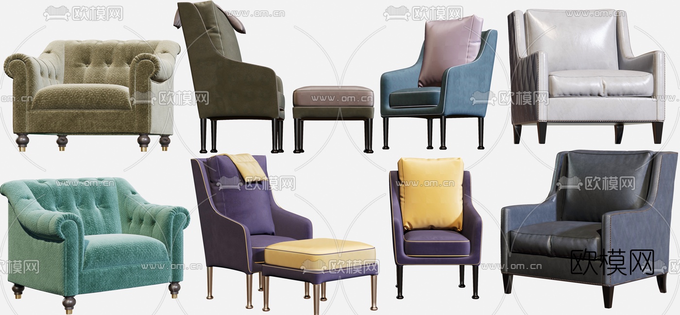 简欧布艺皮革休闲沙发3d模型下载（渲染图1）