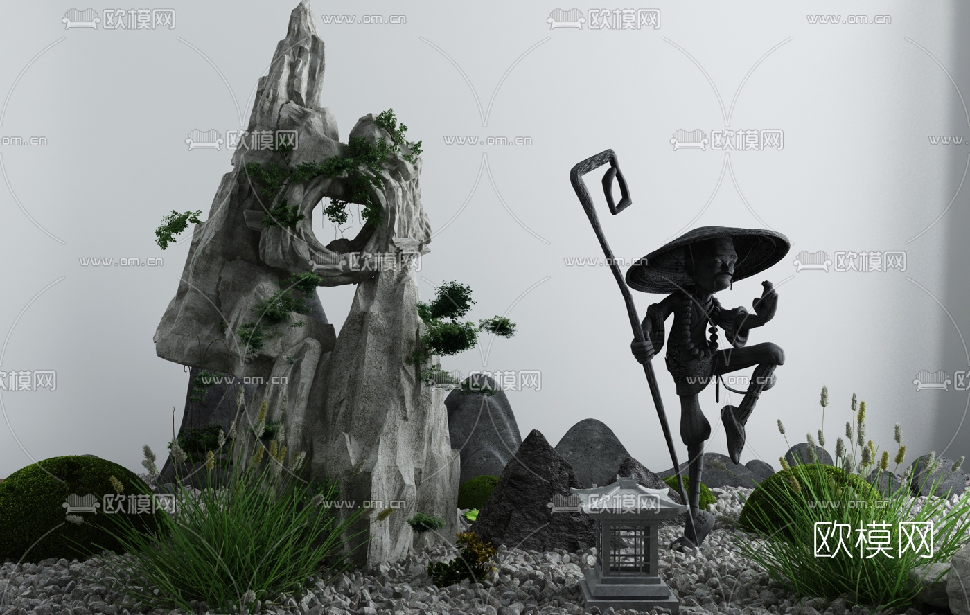 新中式禅意假山景观小品3d模型下载