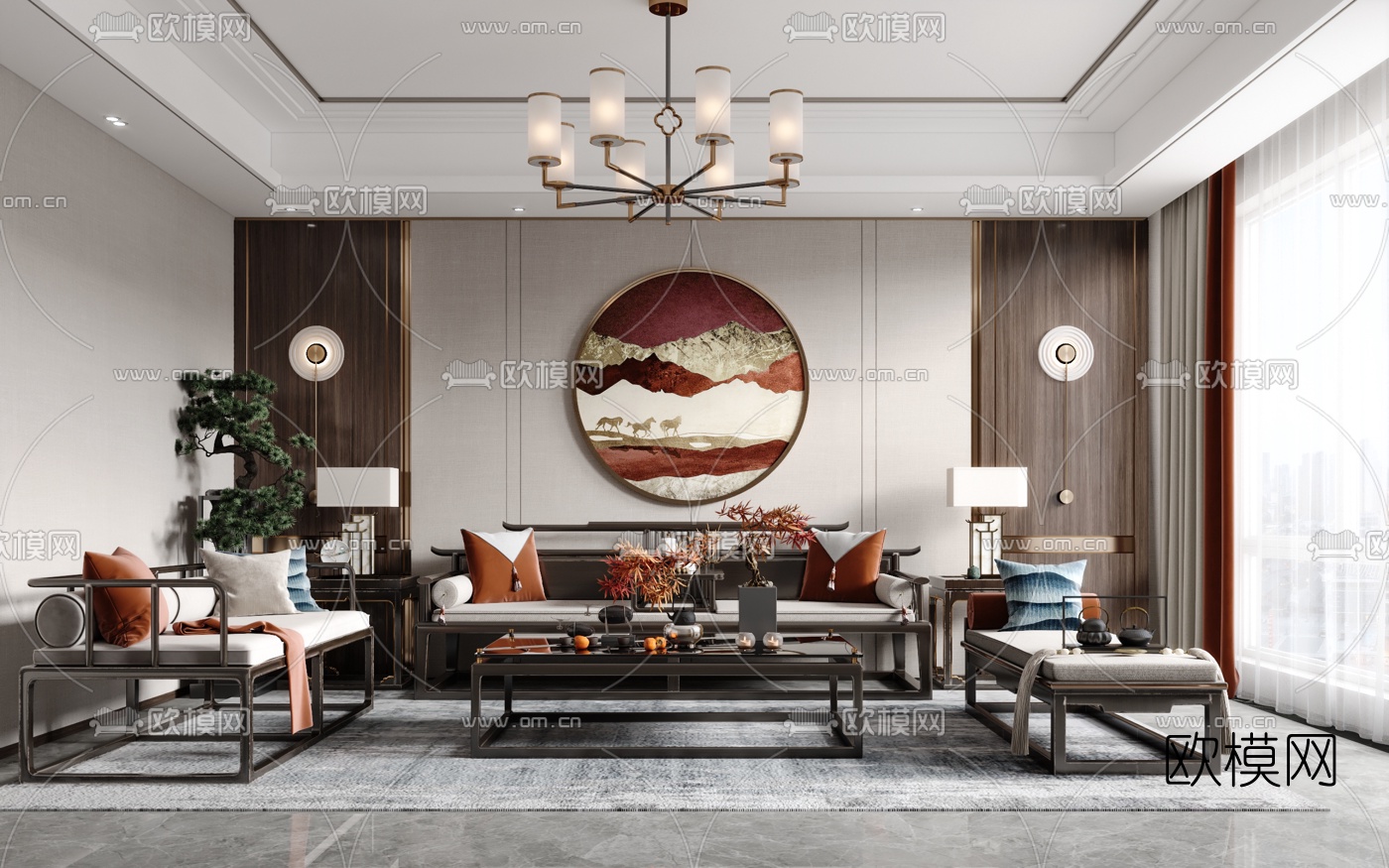 新中式布艺沙发组合3d模型下载