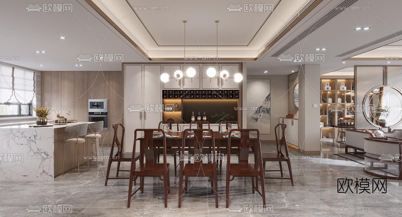新中式轻奢客厅餐厅3d模型