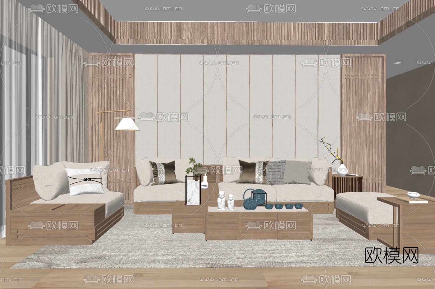 新中式实木组合沙发免费su模型下载