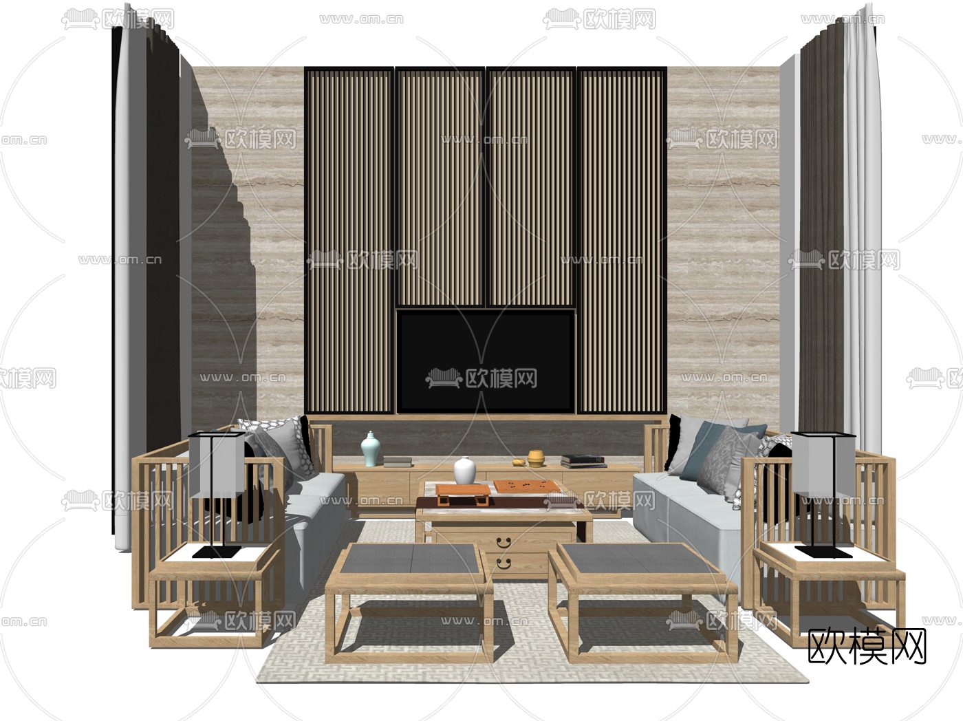 日式布艺沙发组合su模型下载（渲染图1）