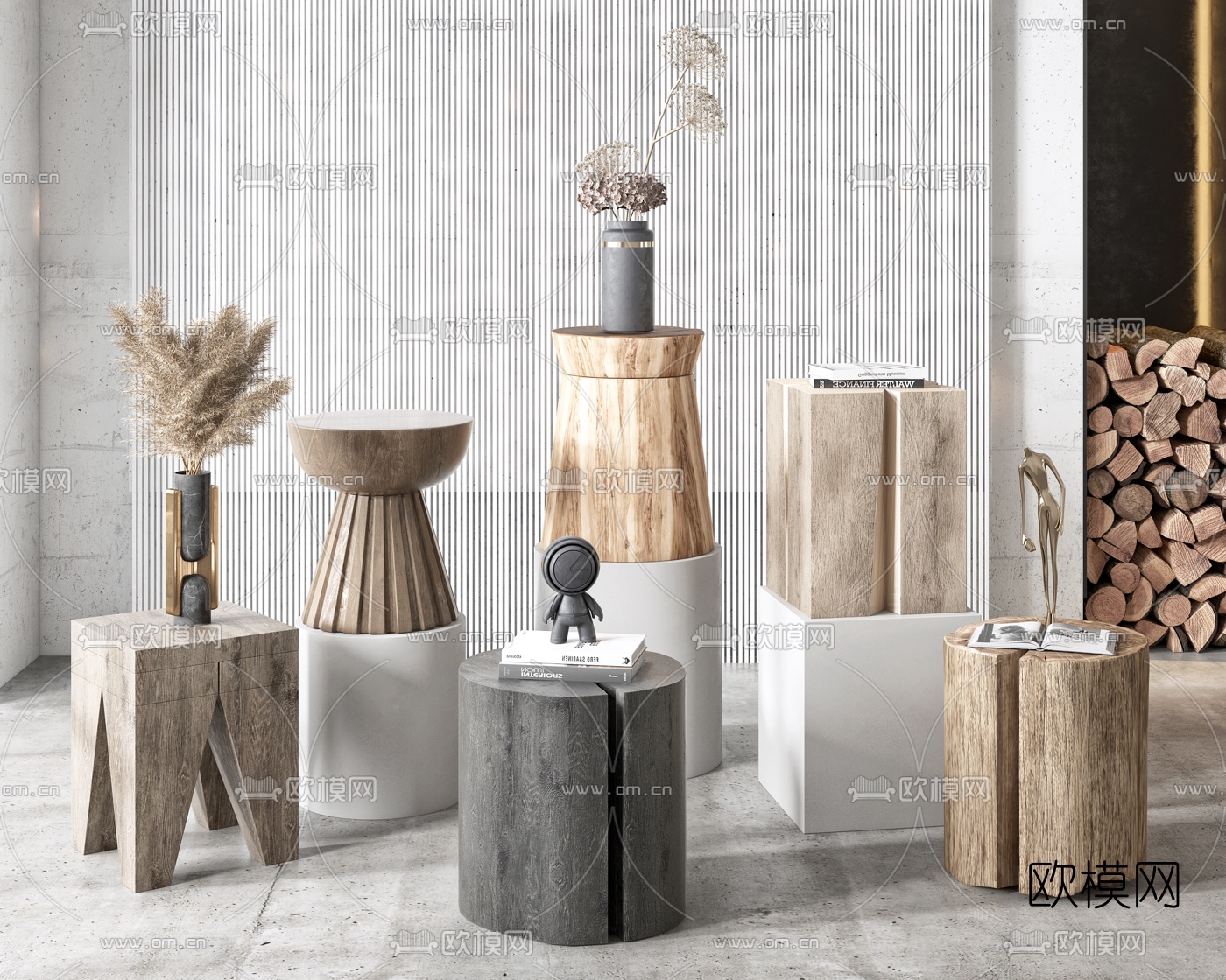 自然风原木圆几边几3d模型下载（渲染图1）