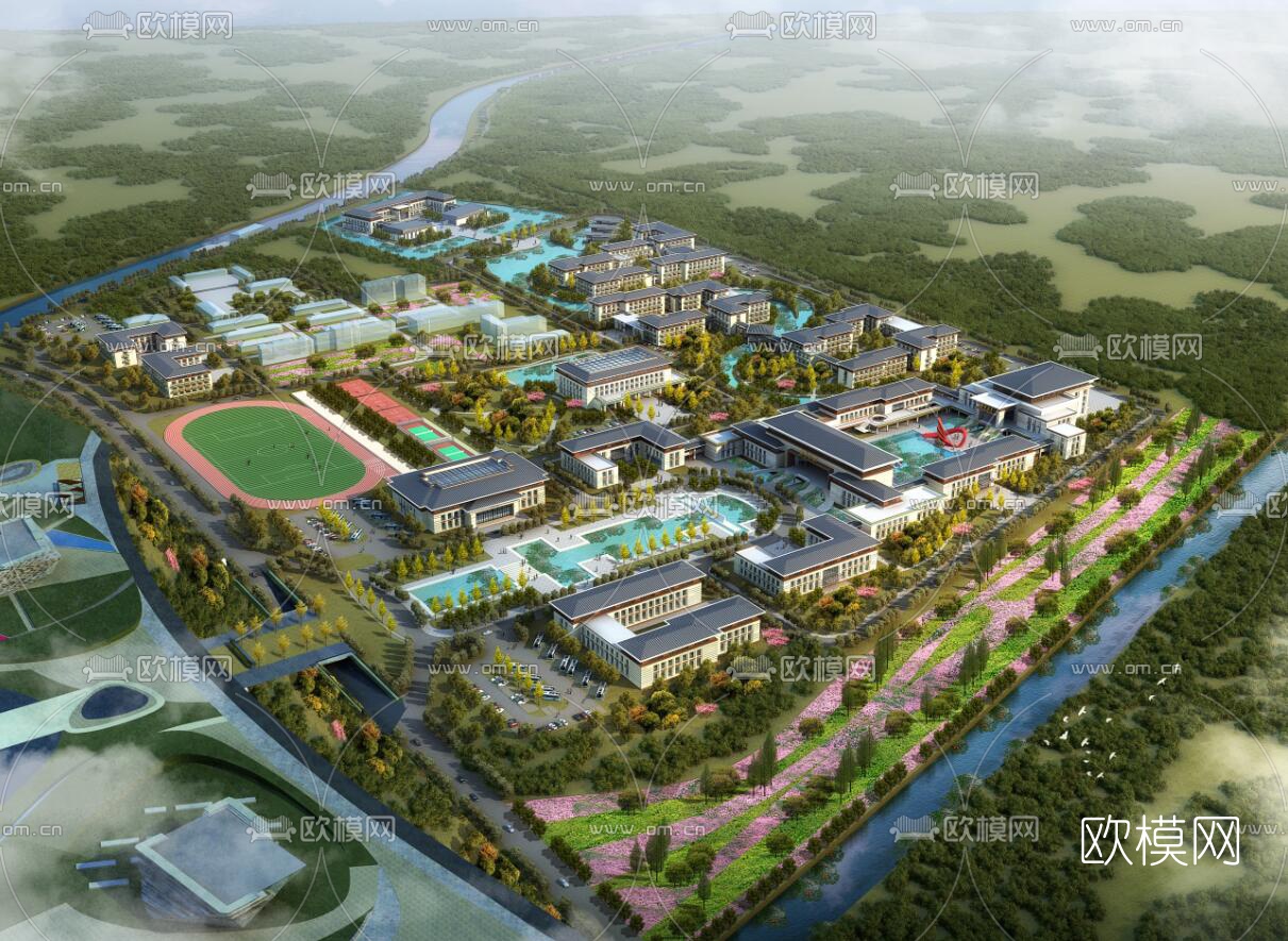 新中式学校鸟瞰su模型下载（渲染图1）