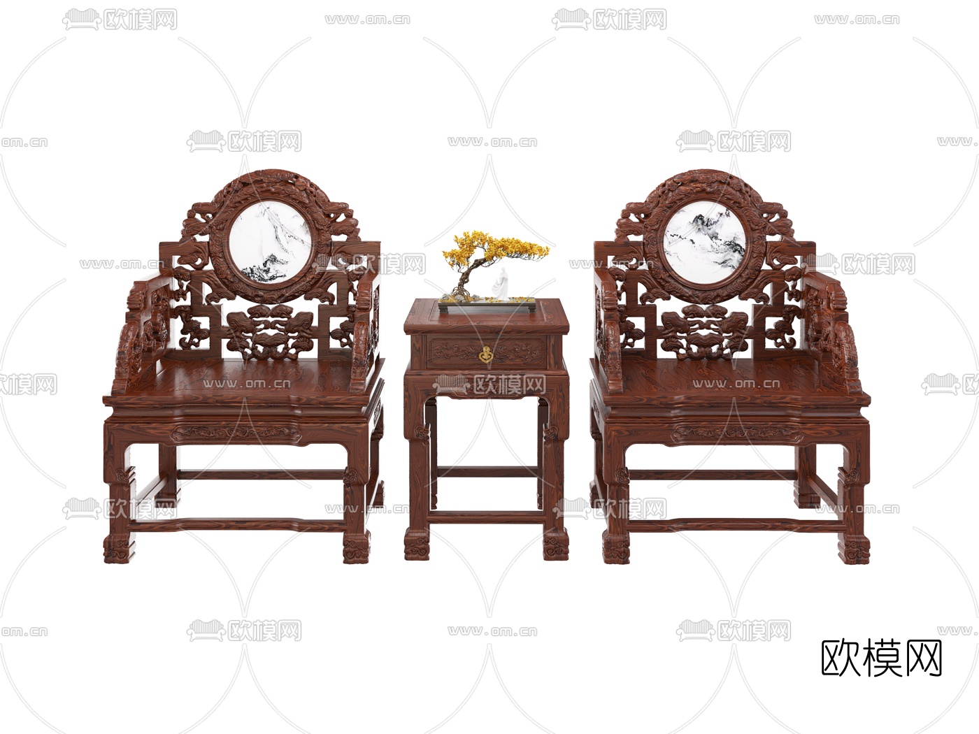 中式实木太师椅边几3d模型下载（渲染图1）