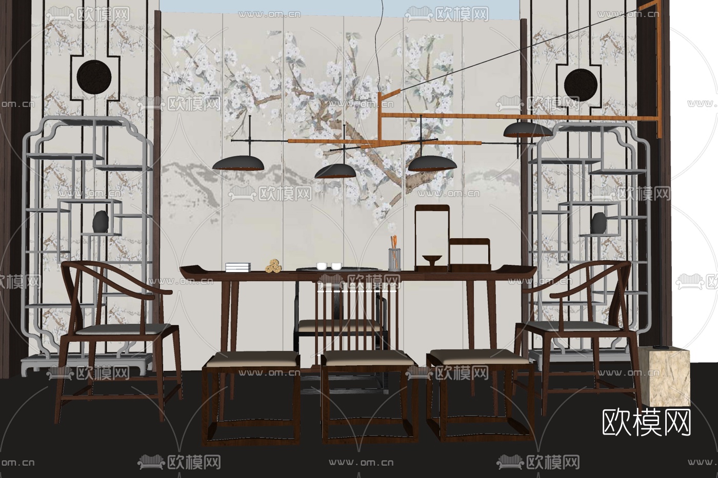 新中式实木茶桌椅su模型