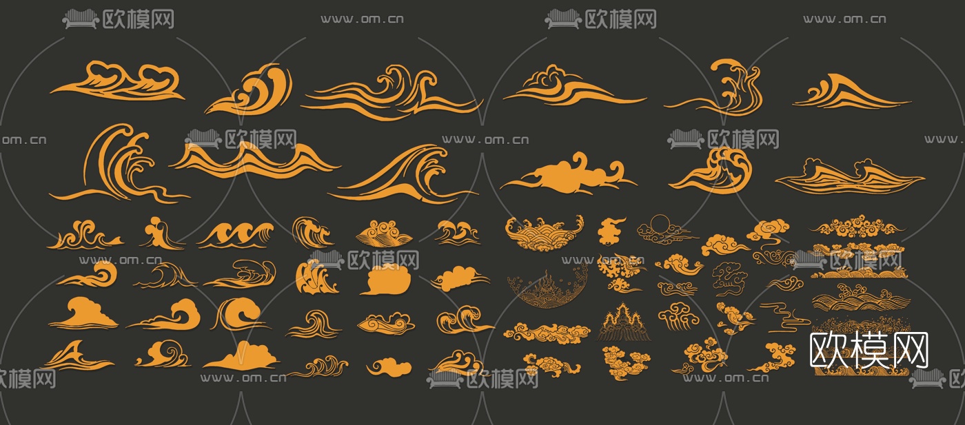 中式祥云波浪浪花墙饰挂件su模型