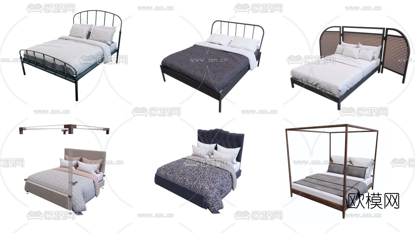 工业风布艺双人床su模型下载（渲染图4）
