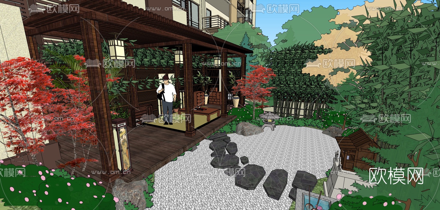 新中式别墅庭院景观su模型下载（渲染图6）