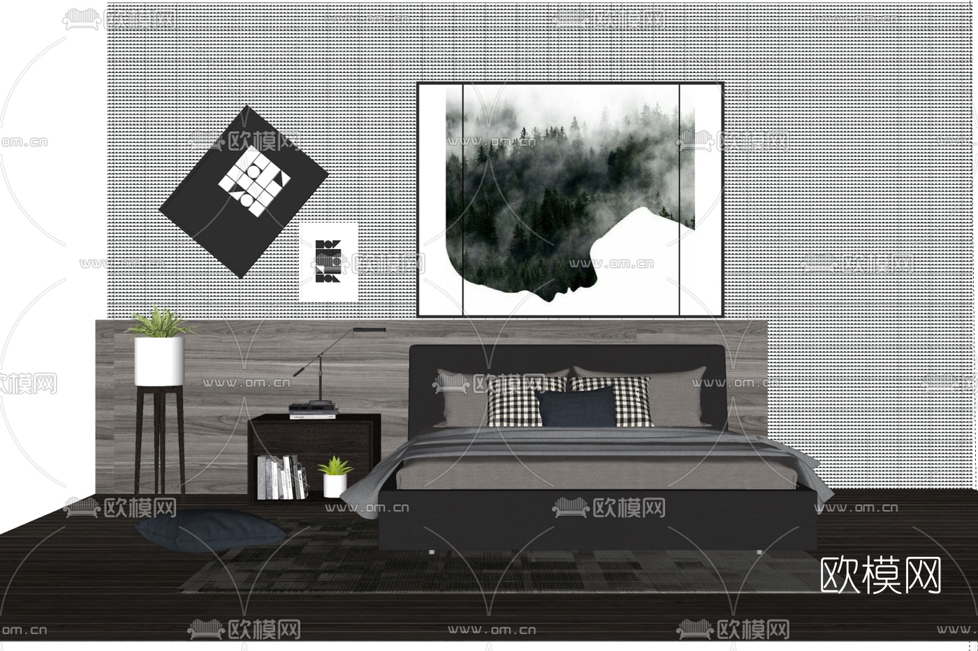 现代布艺双人床su模型下载