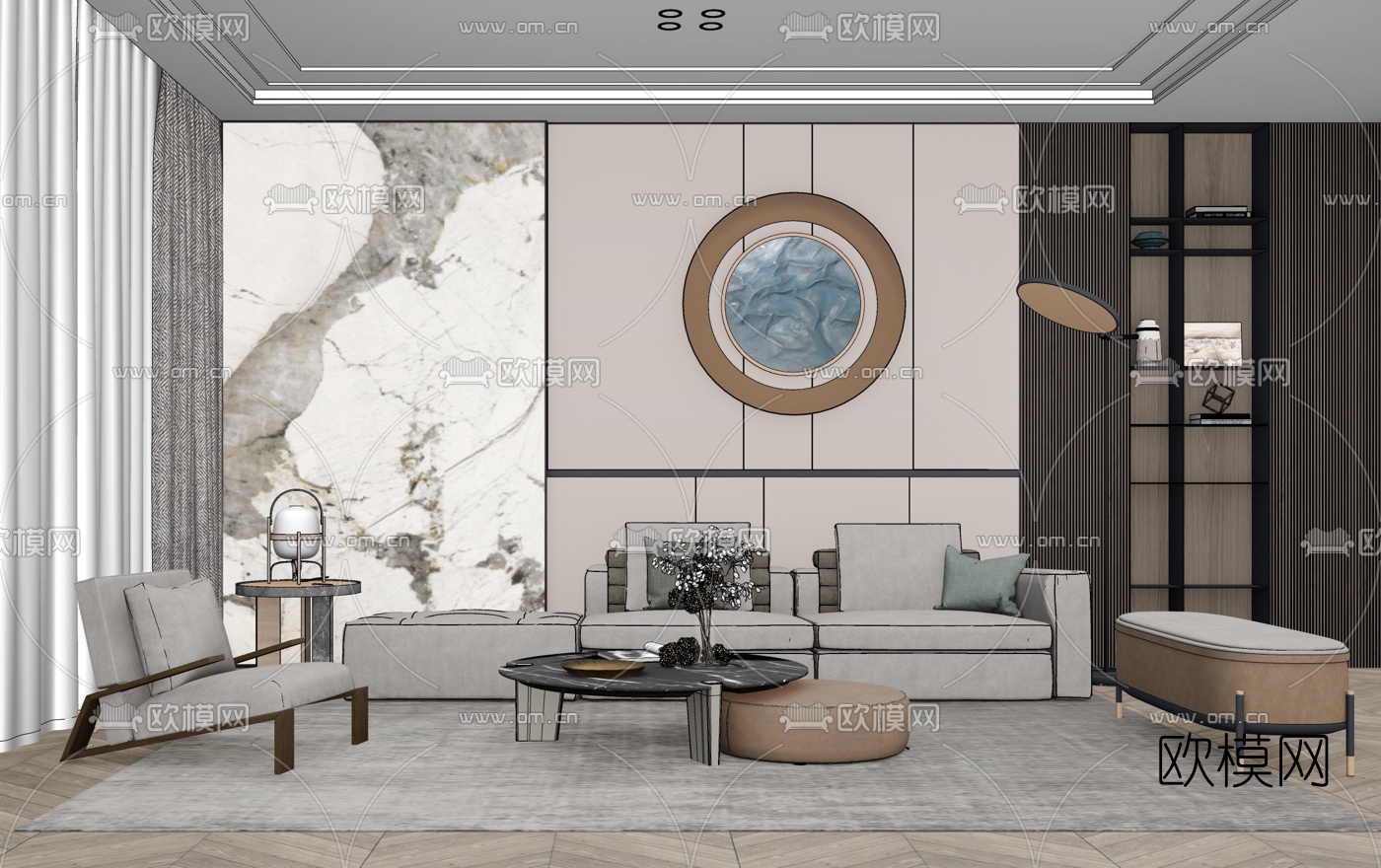 现代客厅su模型下载（渲染图2）