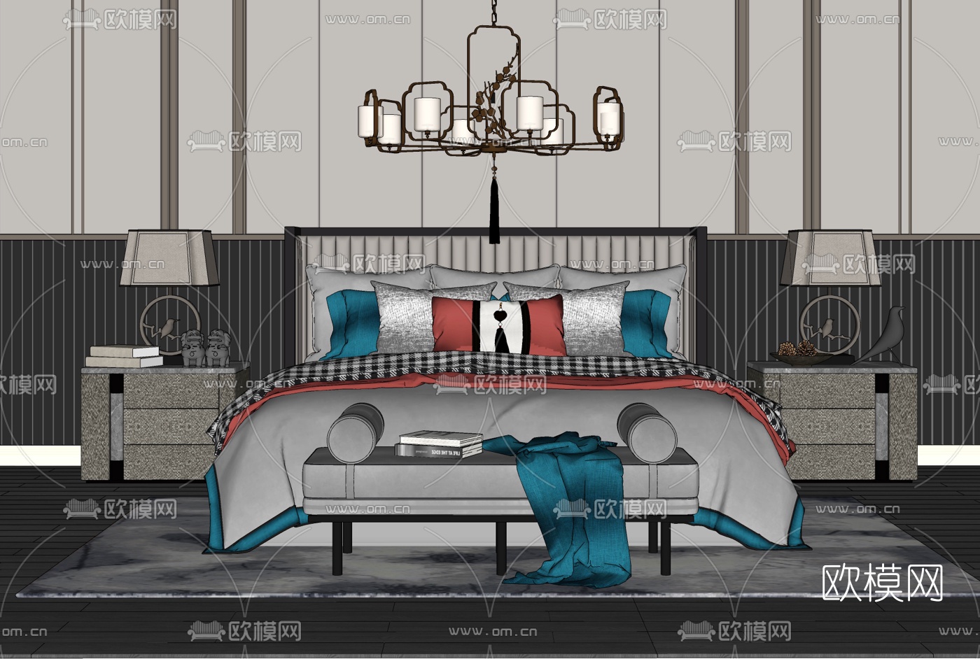 新中式布艺双人床su模型下载