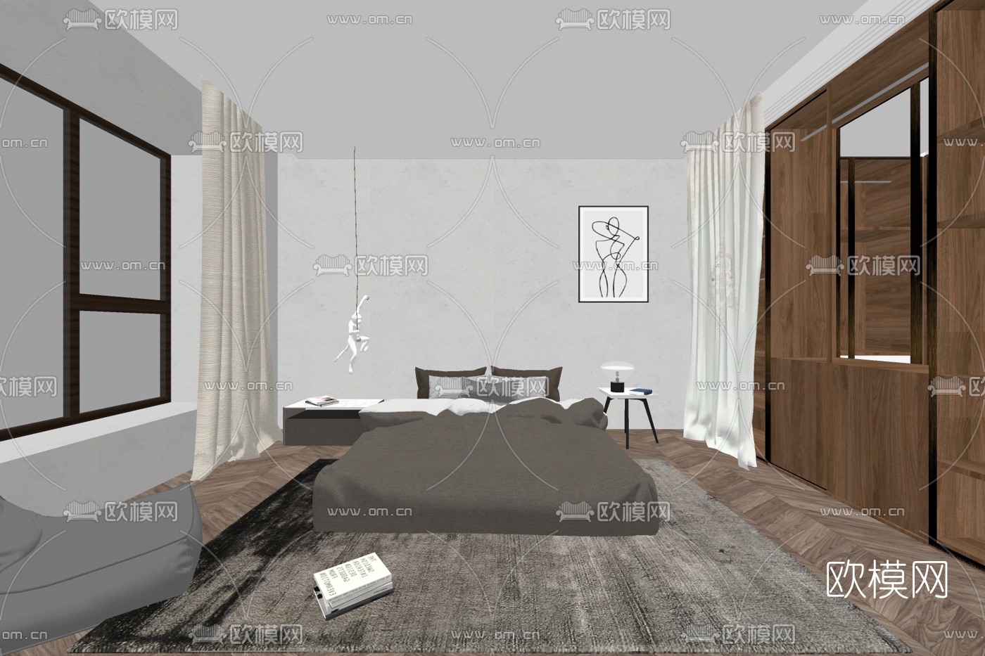 现代布艺双人床su模型下载