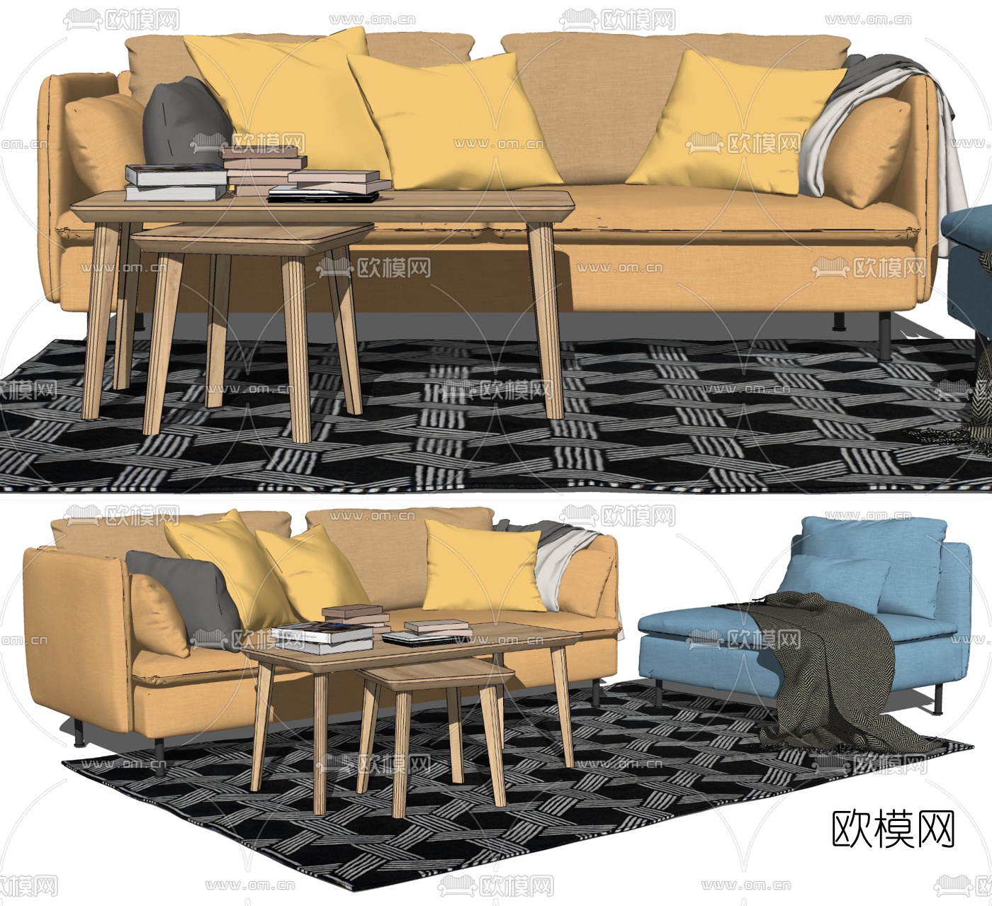 北欧布艺多人沙发su模型下载（渲染图2）