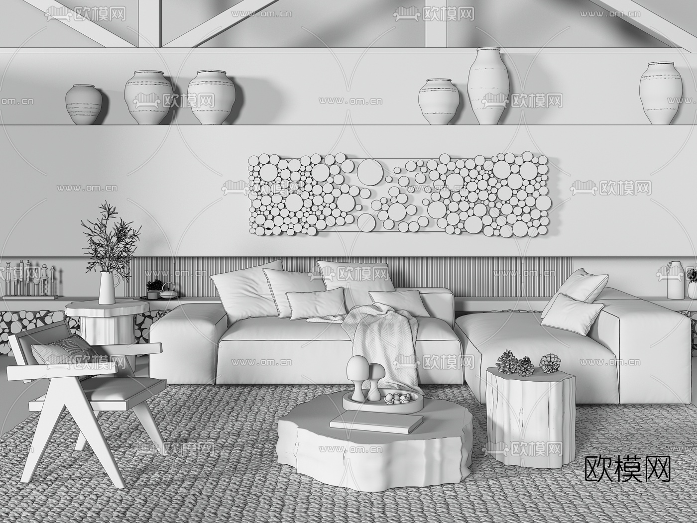 自然风布艺沙发组合3d模型下载（渲染图5）