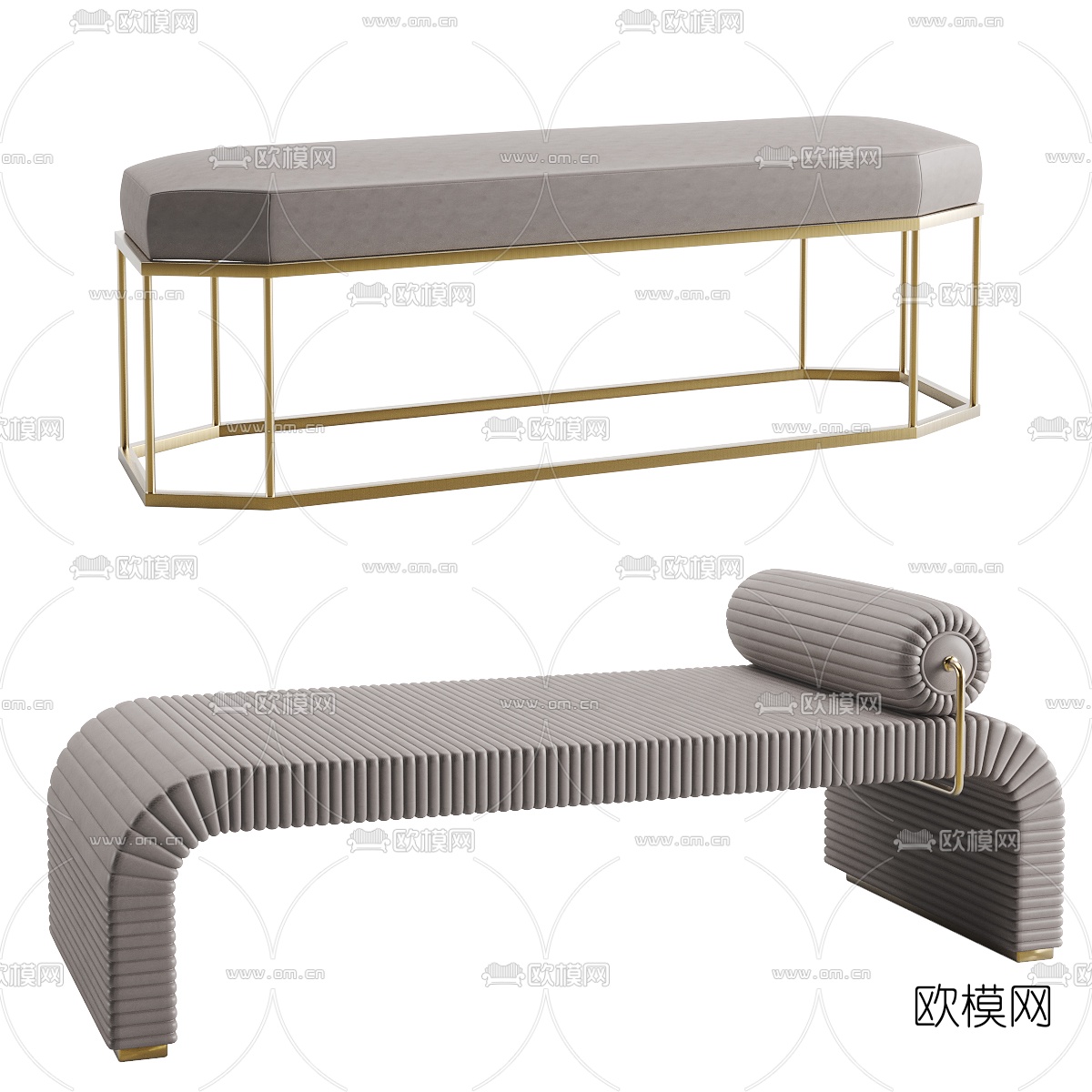 简欧床尾凳脚踏3d模型下载（渲染图1）