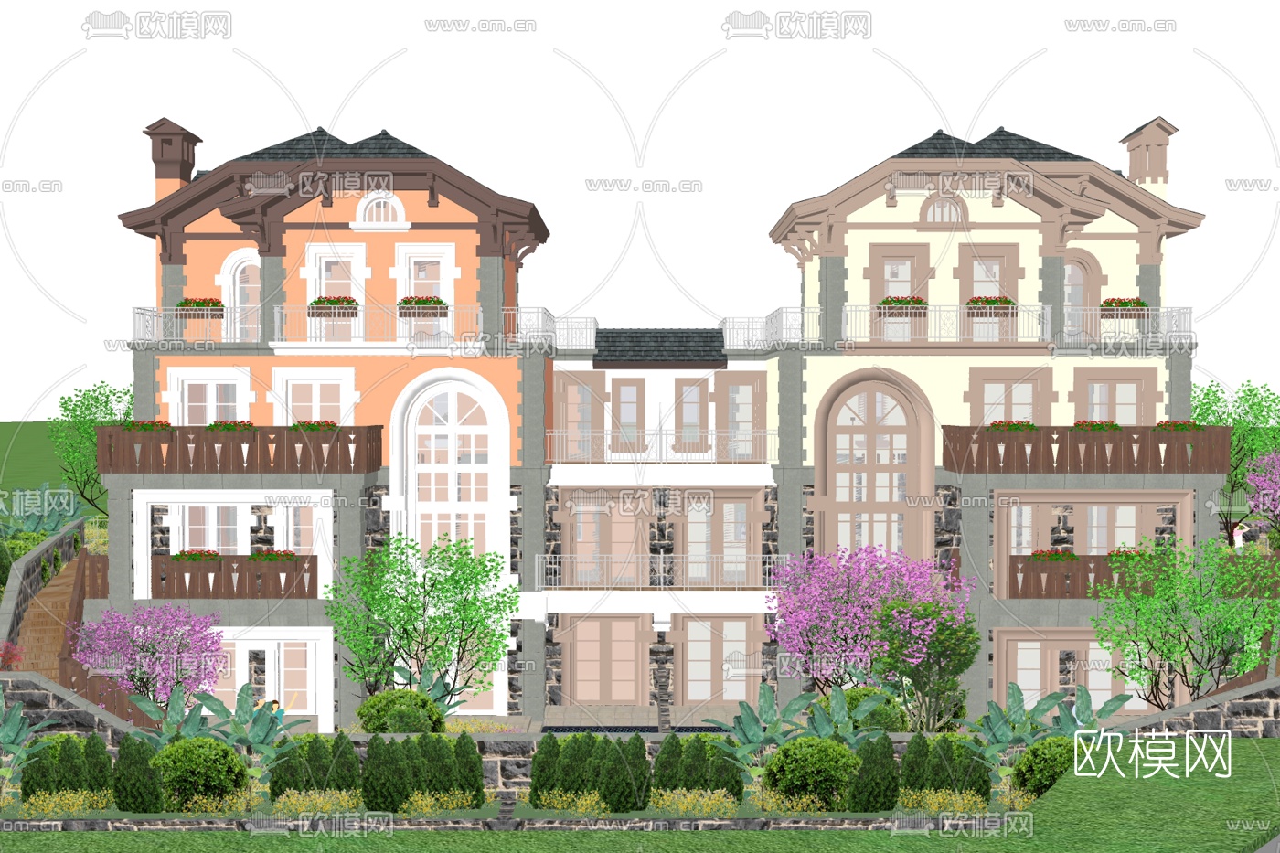 欧式连排别墅外观su模型下载