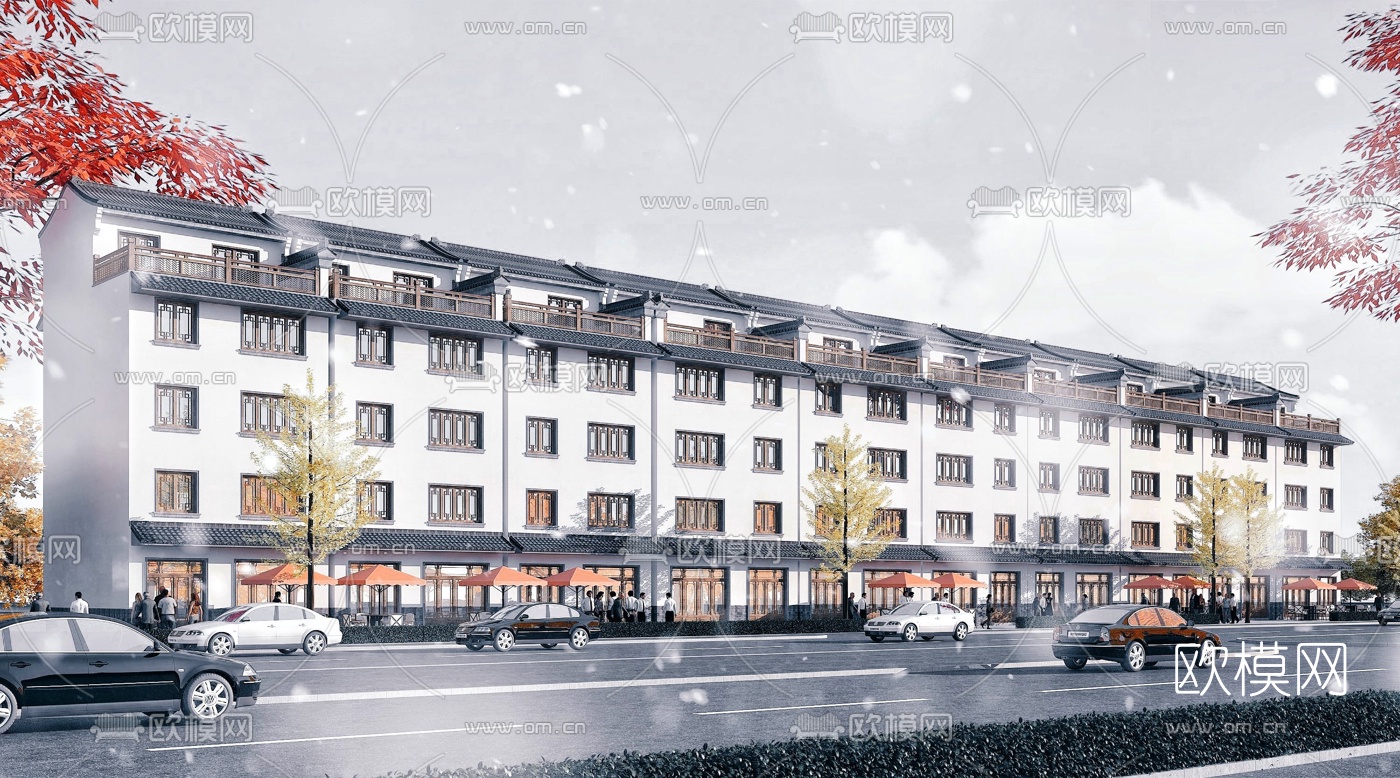 中式连排商住楼建筑外观3d模型下载