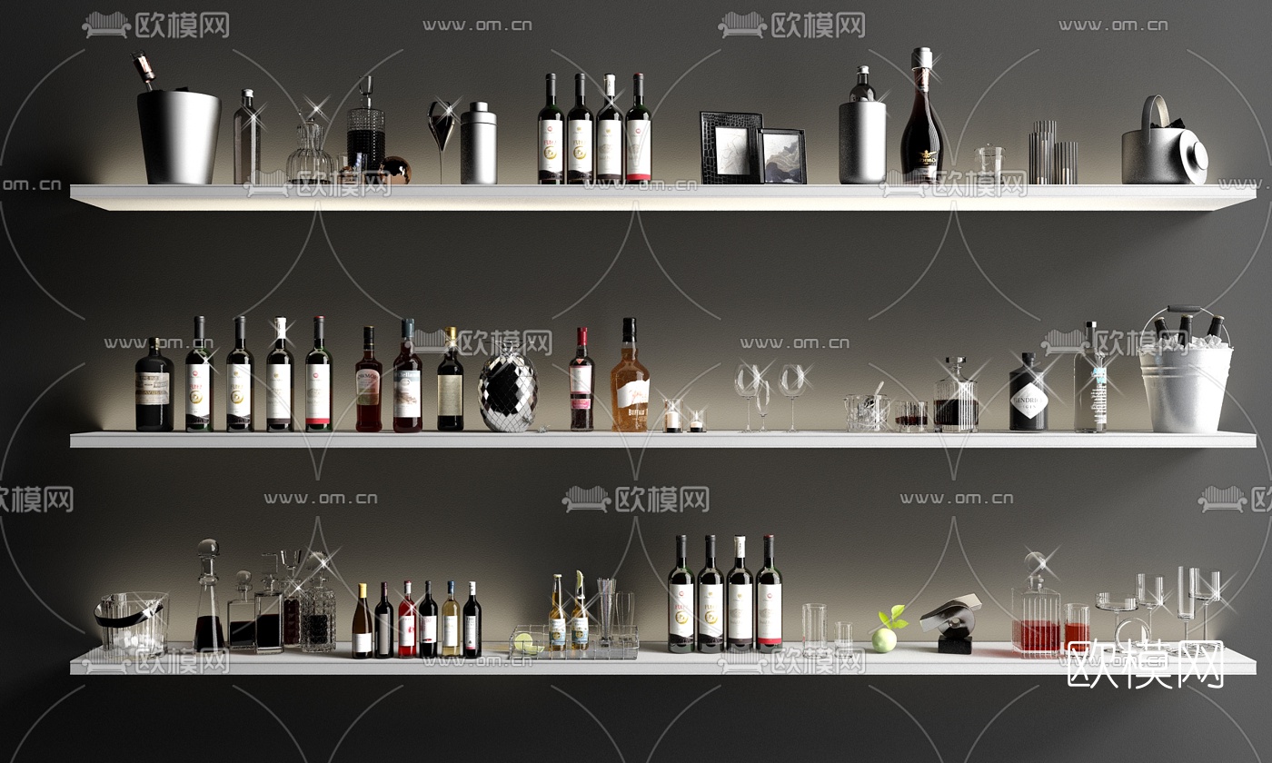 现代酒瓶酒杯摆件3d模型