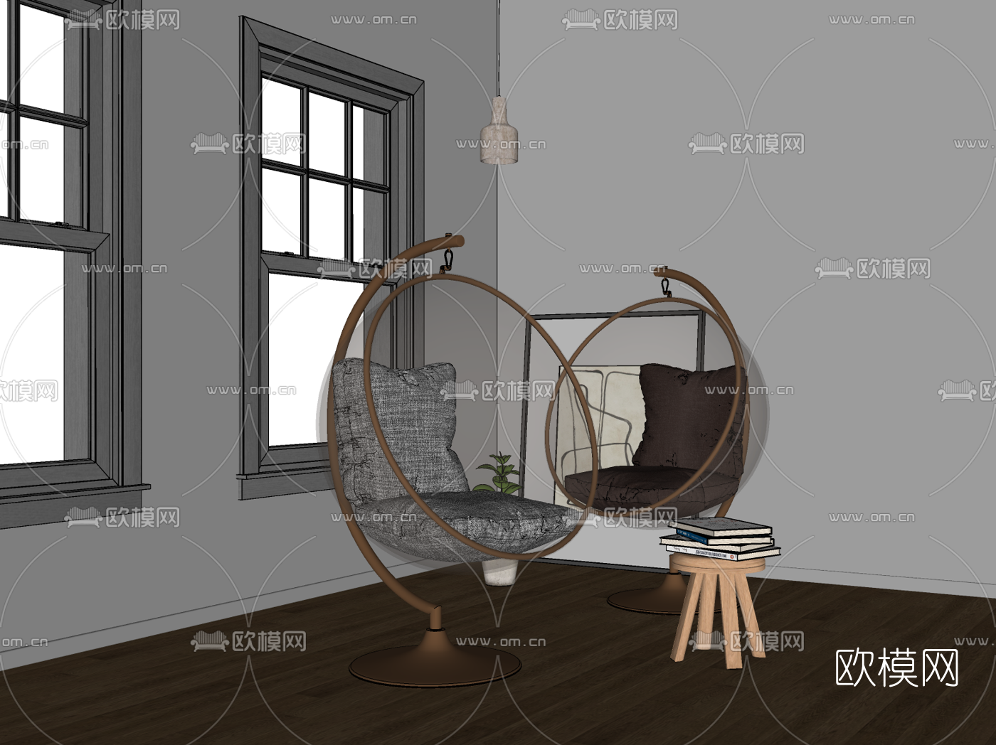 现代透明玻璃吊椅su模型下载（渲染图2）